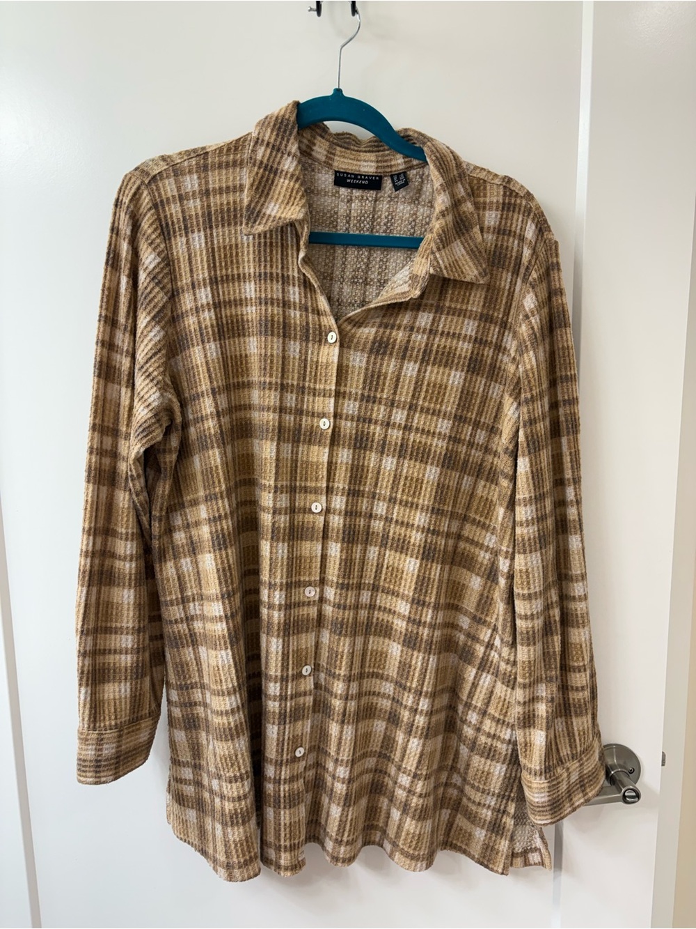 Susan Graver Weekend Brown Plaid Knit Button-Up Collared Long Sleeve Top 1X